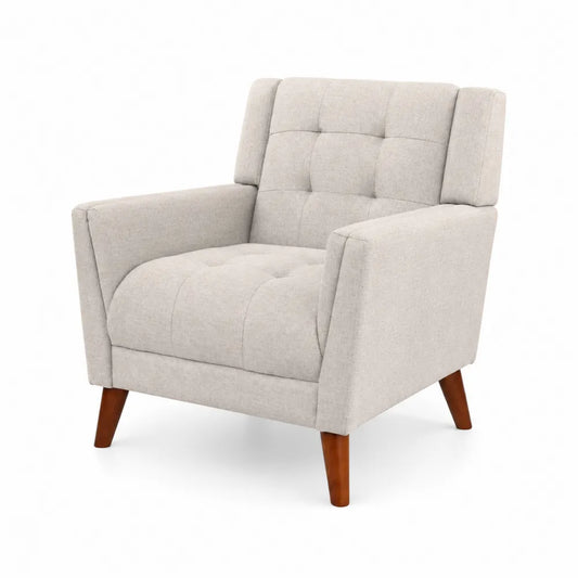 Poltrona in poliestere beige con gambe in legno