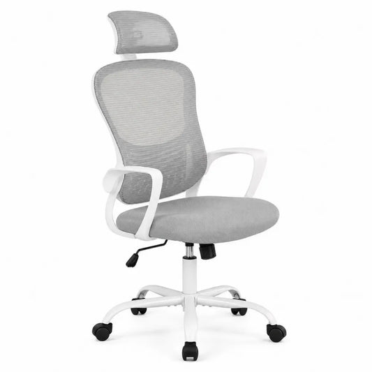Sedia da Ufficio Ergonomica in Rete Grigia con Braccioli Bianchi