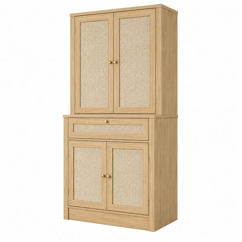 Armadio in legno con dettagli in rattan, colore naturale, 180x80x40 cm