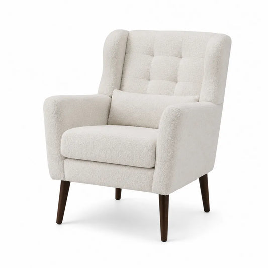 Poltrona in Tessuto Bouclé con Gambe in Legno